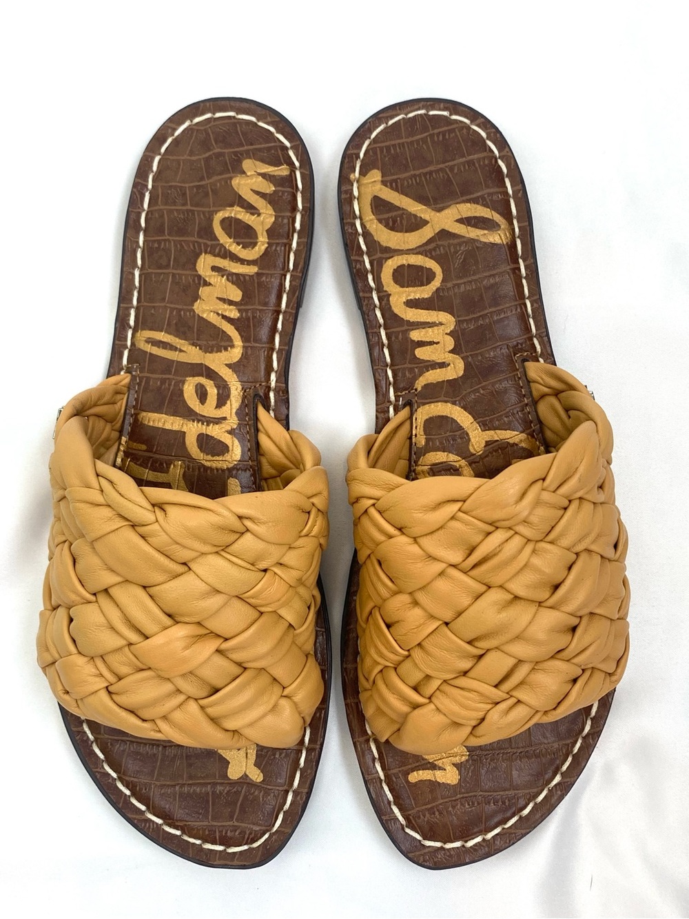 Sam Edelman Woven Leather Slides Sandals Camel Tan Size 6.5 NIB Summer Perfect